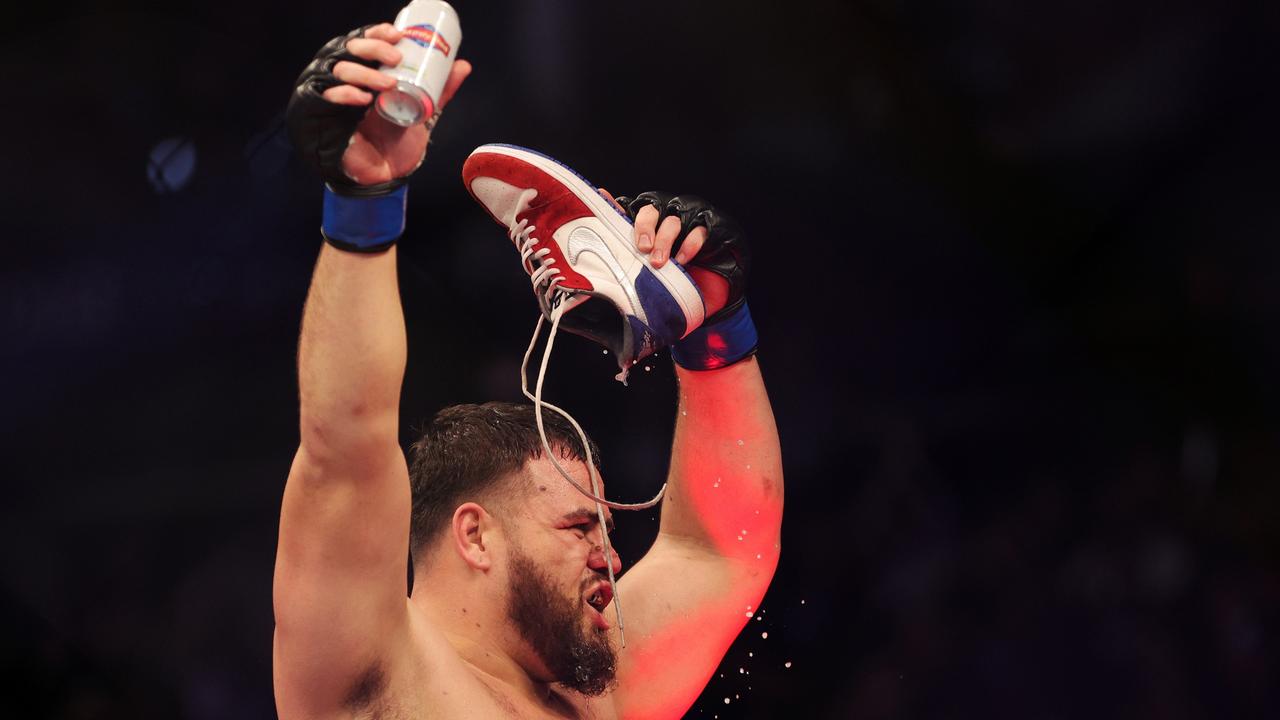 Tai Tuivasa celebrates after winning his UFC 271 heavyweight fight against Derrick Lewis. Picture: Getty Images