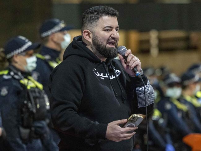 Burgertory boss Hash Tayeh addresses protesters at the Vigil for Gaza. Picture: Wayne Taylor