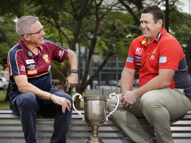 Lions coach Chris Fagan and Suns coach Stuart Dew do a joint presser at 9.15am at the Gabba ahead of the QClash.  August 7th, 2019. (Photo AAP/Megan Slade)