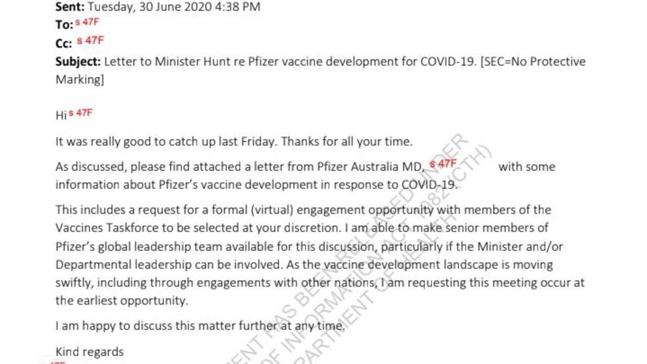 Documents released through Freedom of Information have revealed Pfizer first contacted the Australian government. Picture: Supplied via NCA NewsWire