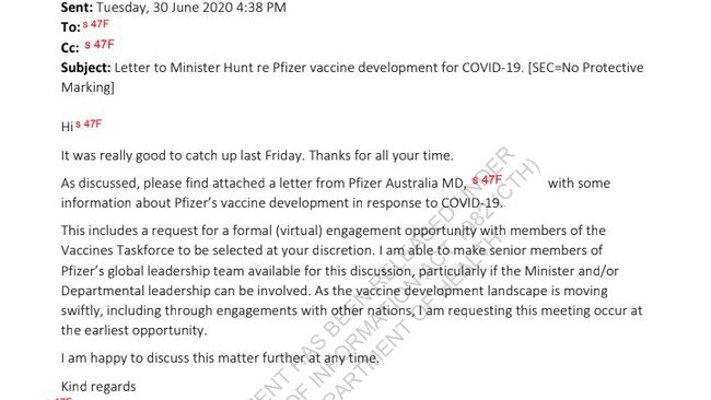 Documents released through Freedom of Information have revealed Pfizer first contacted the Australian government. Picture: Supplied via NCA NewsWire