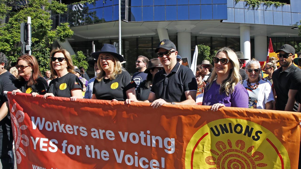 Queensland Premier Annastacia Palaszczuk and Prime Minister Anthony Albanese lead the Labour Day march in Brisbane. Picture: NCA NewsWire/Tertius Pickard