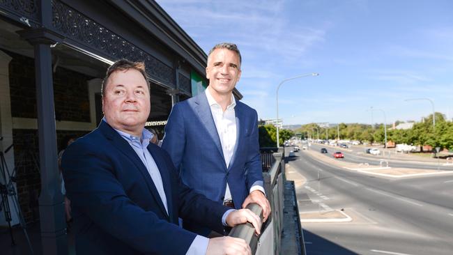 Premier Peter Malinauskas and new Chair of the SA Motorsport Board Andrew Daniels at the Britannia Hotel for the V8 Supercars announcement. Picture: Brenton Edwards