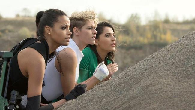 With her Charlie’s Angels co-stars Ella Balinska (left) and Naomi Scott. (Picture: Supplied)