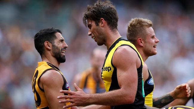 Paul Puopolo of the Hawks remonstrates with Alex Rance of the Tigers earlier this season. Picture: Adam Trafford/AFL Media/Getty Images