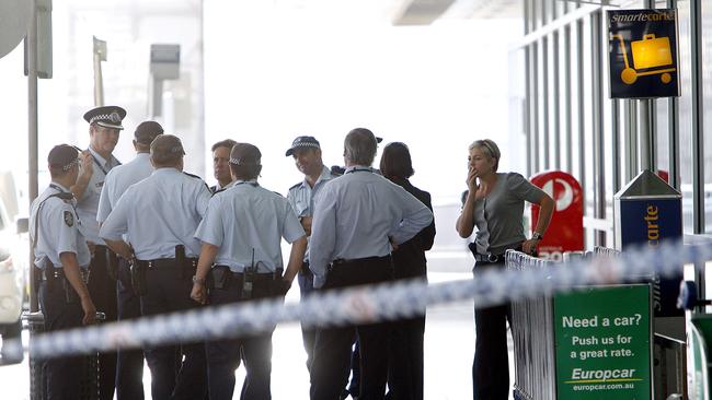 Police outside terminal 3 at Sydney airport following the mass brawl.