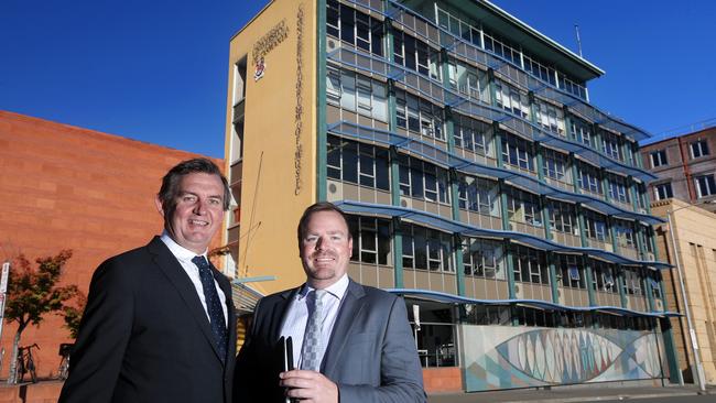 Real estate agents Scott Newton and Hayden Peck who sold the Conservatorium of Music building on Sandy Bay Rd to the Fragrance Group in 2017. Picture: LUKE BOWDEN