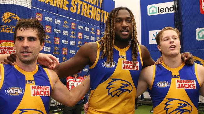 Andrew Gaff, Nic Naitanui and Jackson Nelson sing the Eagles song. Picture: Getty Images