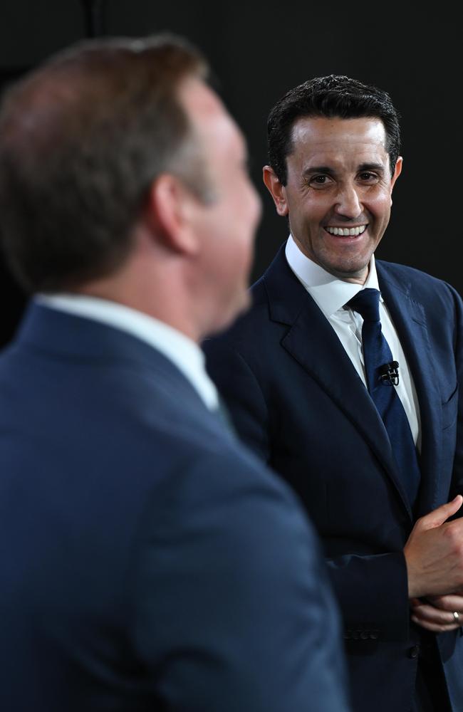 Queensland Premier Steven Miles and LNP leader David Crisafulli share a laugh during the debate. Photo: Lyndon Mechielsen/Courier Mail