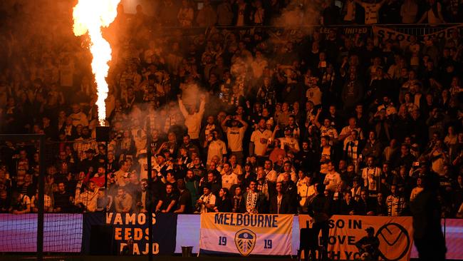 Leeds supporters were fired up and created a brilliant atmosphere for the clash against Western Sydney Wanderers at Bankwest Stadium. Picture: AAP