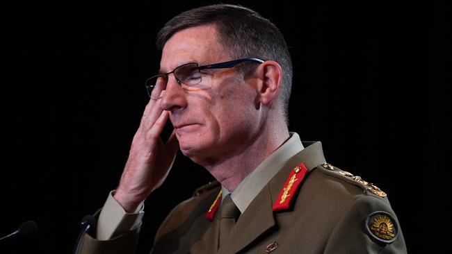 Chief of the ADF General Angus Campbell delivers the findings from the Inspector-General of the Australian Defence Force Afghanistan Inquiry. Picture: Getty Images