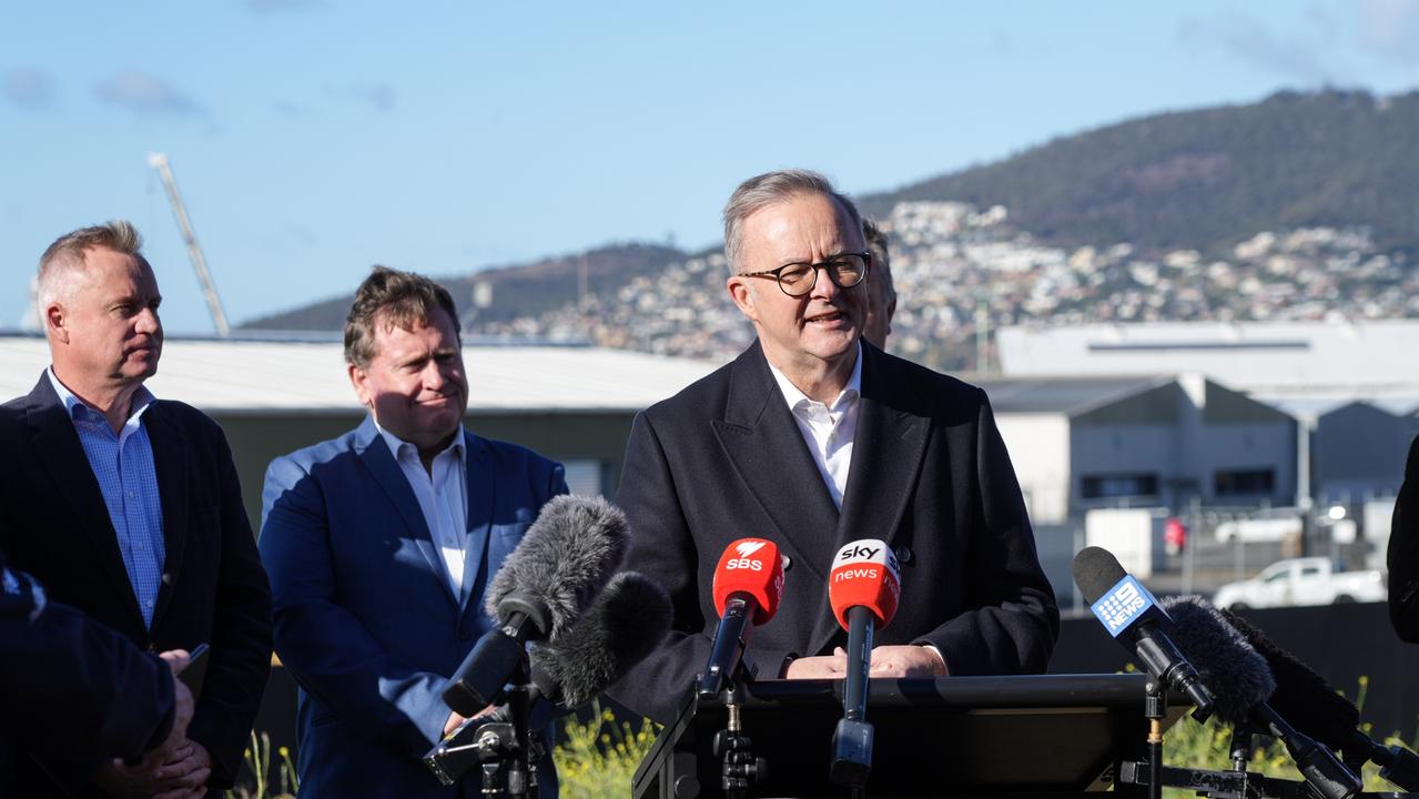 Prime Minister Anthony Albanese announcing the $240m investment into the “one-in-a-generation” urban renewal project, which will pave the way for Tasmania to enter the AFL. Picture: NCA NewsWire/ Alastair Bett