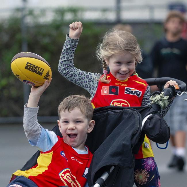 Caleb and Lyla Weightmanbefore the Suns V Freo at People First Stadium Cararra. Picture: Glenn Campbell
