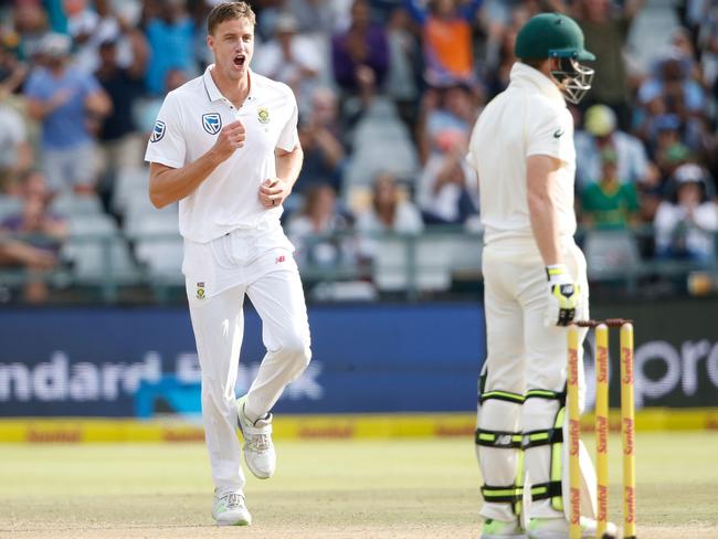 South African bowler Morne Morkel celebrates the dismissal of Australian batsman Steven Smith in Cape Town.