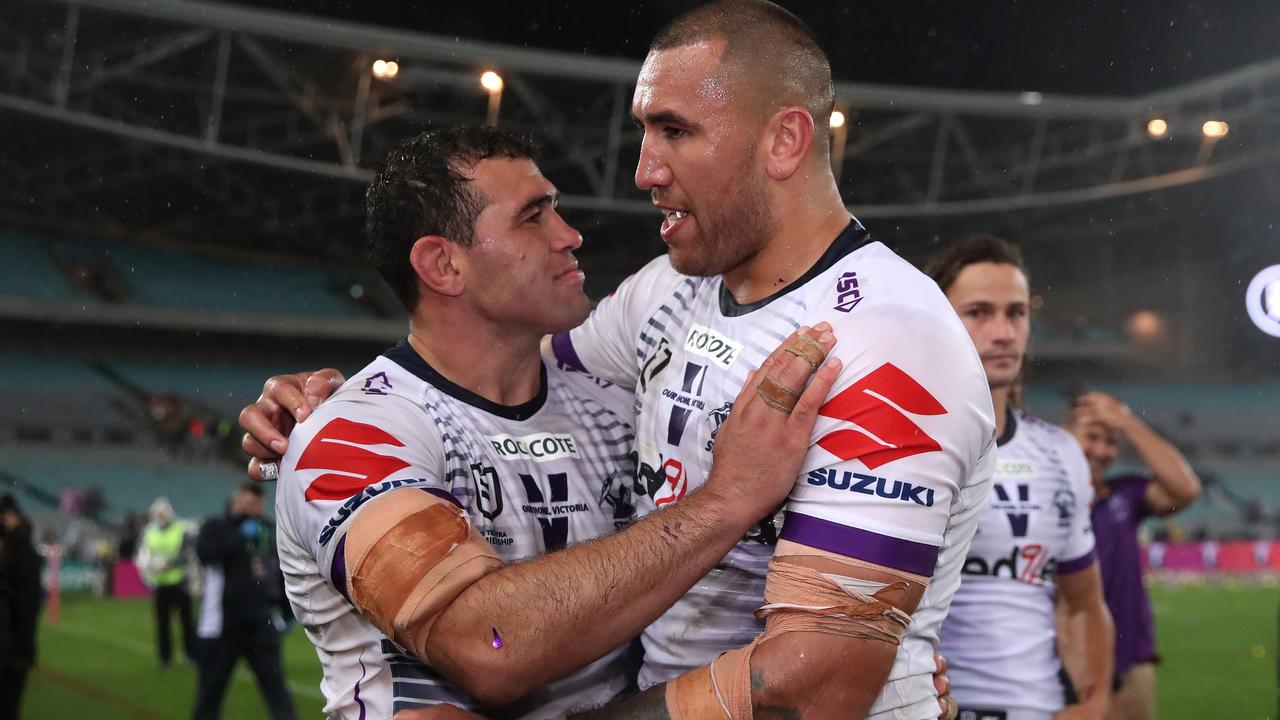 Dale Finucane and Nelson Asofa-Solomona of the Storm. Photo by Cameron Spencer/Getty Images.