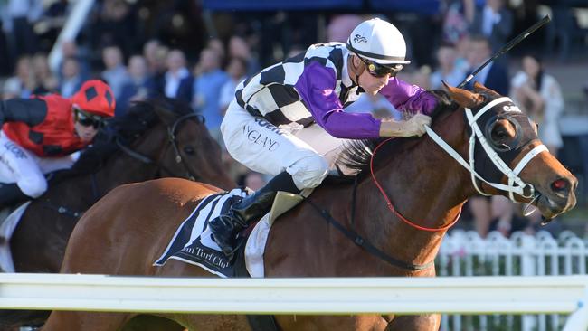 Race 7 — 3:05PM WINX HALL OF FAME HANDICAP (1500 METRES). Winner 'Invinzabeel' ridden by Tye England. Pic of Charlie Duckworth.