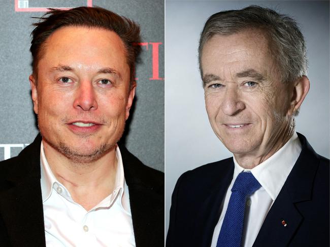 (COMBO) This combination of pictures created on December 7, 2022 shows (From L) a file photo taken on December 13, 2021 of Elon Musk as he attends TIME Person of the Year in New York City and a file photo taken on September 19, 2017 of CEO of LVMH Bernard Arnault as he poses during a photo session in Paris. - Frenchman Bernard Arnault, CEO of the luxury goods group LVMH, and his family topped the Forbes list of the world's richest people on December7, 2022, with $185.1 billion, unseating American Elon Musk, head of Tesla, SpaceX and Twitter. (Photo by Theo Wargo and JOEL SAGET / various sources / AFP)