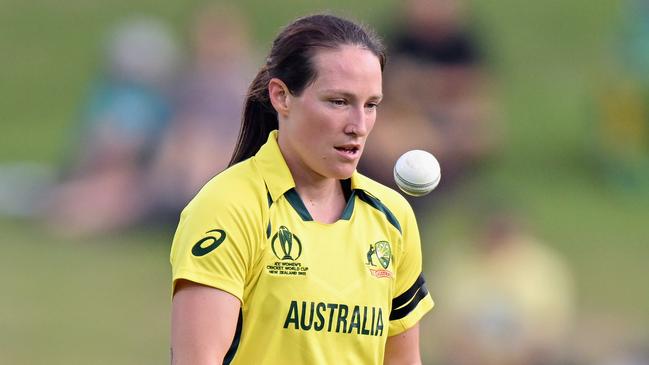 HAMILTON, NEW ZEALAND - MARCH 05: Megan Schutt of Australia looks on during the 2022 ICC Women's Cricket World Cup match between Australia and England at Seddon Park on March 05, 2022 in Hamilton, New Zealand. (Photo by Kai Schwoerer/Getty Images)