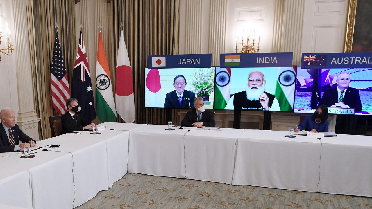 US President Joe Biden (left) meets virtually with Japanese Prime Minister Yoshihide Suga, Indian Prime Minister Narendra Modi and Australian Prime Minister Scott Morrison. Picture: Olivier Douliery/ AFP