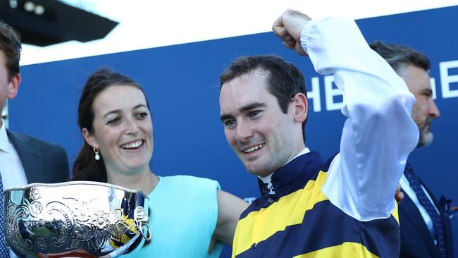 Trainer Annabel Neasham and jockey Tyler Schiller celebrate their Group 1 Canterbury Stakes win with Lady Laguna. Picture: Getty Images