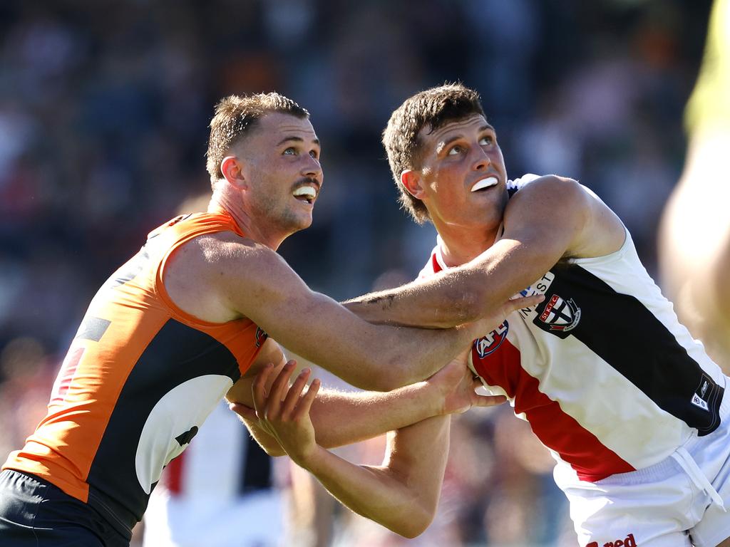 Giants Kieren Briggs and St Kilda's Rowan Marshall duke it out in Canberra. Picture: Phil Hillyard.