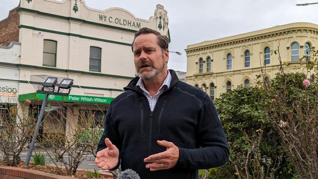 Tasmanian Greens Senator Peter Whish-Wilson speaking in Launceston on June 29, 2023, about the plight of the endangered Maugean skate. Picture: Alex Treacy