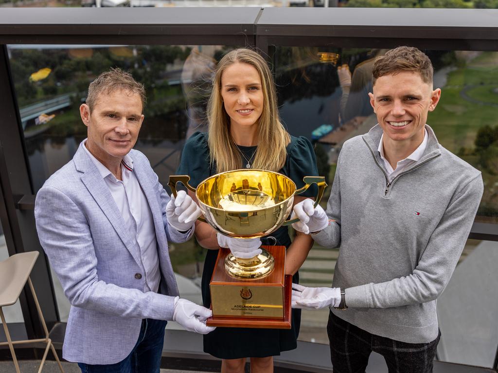 Jason Holder, Anna Jordso and Callan Murray with the Adelaide Cup. Picture: Racing SA