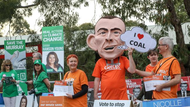 Getup campaigners at the Belair Primary School voting booth in May. Picture: AAP