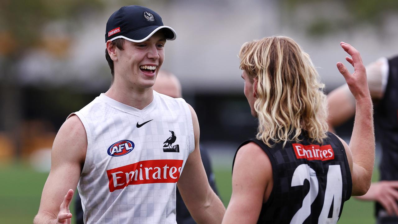 Oscar Steene (left) might be called on to solve Collingwood’s ruck crisis. Picture: Michael Klein