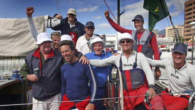 Sydney to Hobart yacht race 2006, Love and War crew members arriving at Kings Pier after the finish, from left in front row, George Snow, Matt Souter, obscurred Ben Johnson, Geoff Bouchamp, Lindsay May, Erik Adriaanse, Jeff Beaton and back row Geoff Hill, Andrew Jackson and Peter Sheldrick