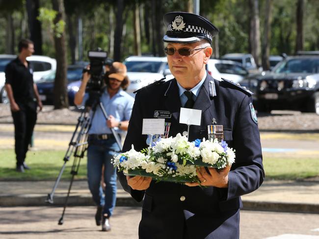Mourners at the memorial service with full police honours for constables Rachel McCrow and Matthew Arnold at Brisbane Entertainment Centre. Picture: David Clark