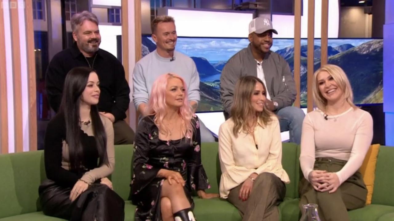 S Club 7 on UK television today. Back row, L-R: Paul, Jon and Bradley. Bottom row, L-R: Tina, Hannah, Rachel and Jo.