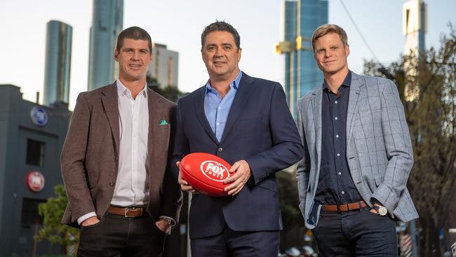 Nick Riewoldt (right) with former On The Couch co-hosts Jonathan Brown and Garry Lyon. Picture: Jason Edwards