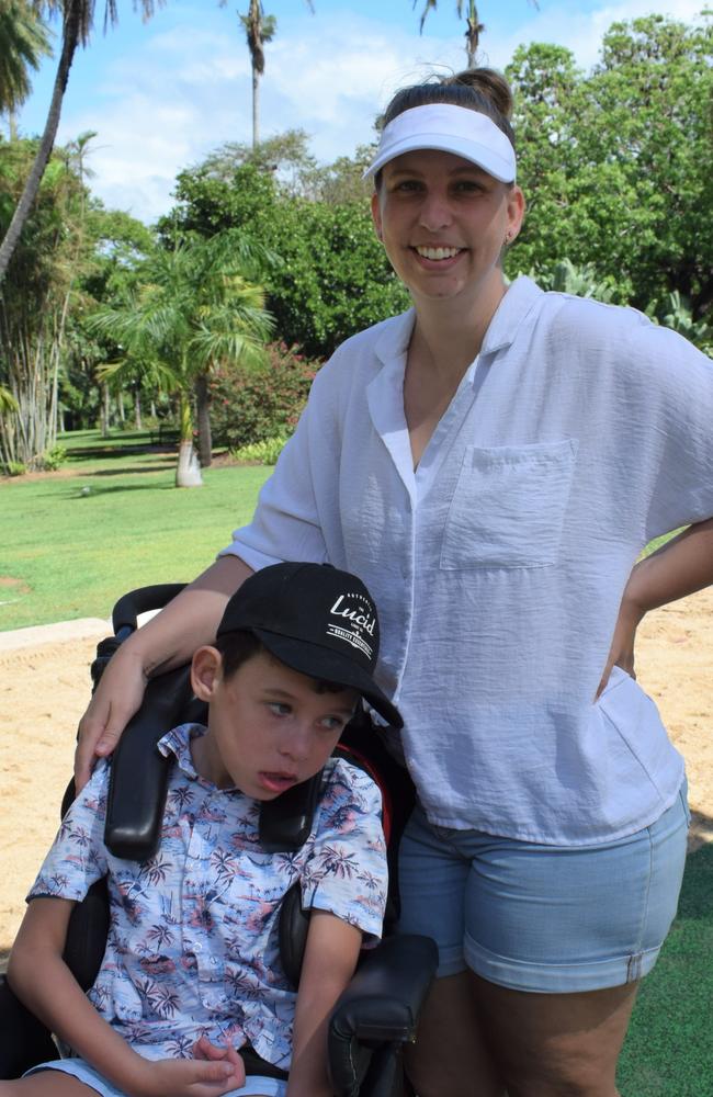 Elliot Silveri and Carlie Freitag at the redeveloped playground at Rockhampton Botanic Gardens on March 11, 2023. Picture: Aden Stokes