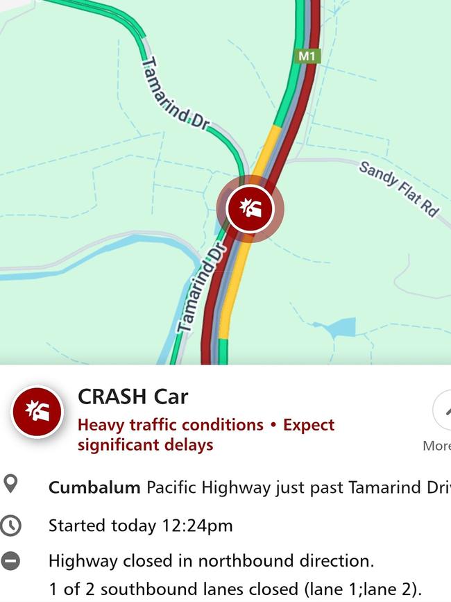 The northbound motorway lane is closed near Cumbalum.