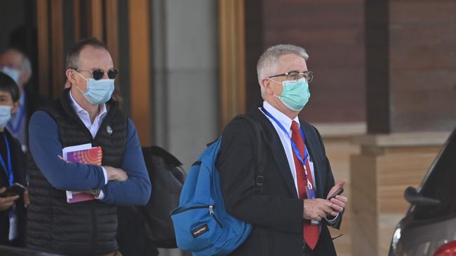 Dominic Dwyer (R) and other members of the World Health Organisation (WHO) team investigating the origins of the COVID-19 pandemic in Wuhan. Picture: AFP.