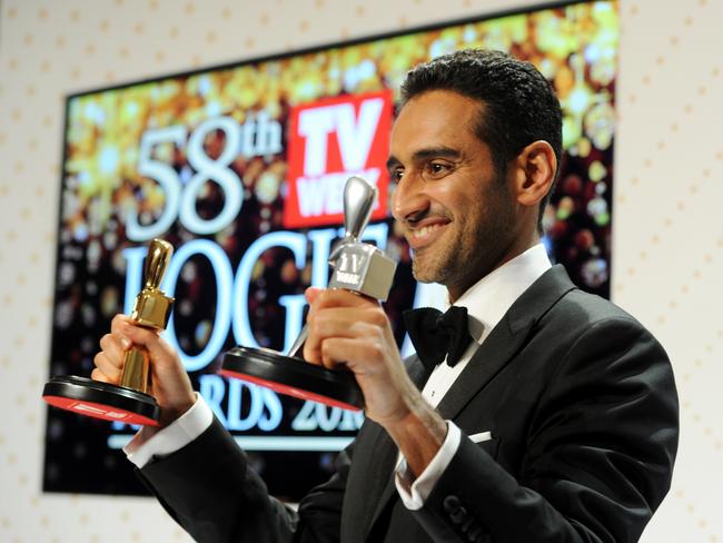 Waleed Aly with his gold and silver Logies after taking out the top gong. Picture: Joe Castro
