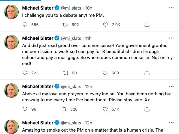 A series of tweets on twitter from Michael Slater. Michael Slater@mj_slatsBroadcaster and Cricket Commentator / Proud Dad of 3 Cherubs / Director and Coach @slocoach / Middle age fitness fanatic