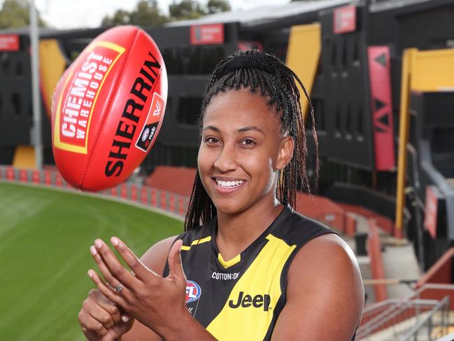 Richmond AFLW's second recruiting coup - Brisbane powerhouse forward Sabrina Frederick-Traub pictured at the Richmond club. Wednesday, April 10. 2019. Picture: David Crosling