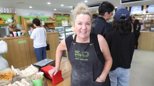 Apollo Bay bakery co-owner Jane Johnston at Apollo Bay Refuge helping feed evacuees. Picture: Mark Wilson