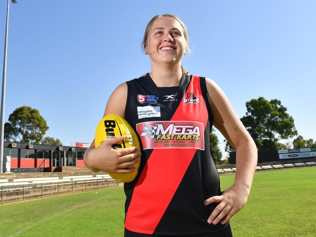 West Adelaide Football Club player Chelsea Biddell poses for a photo at Richmond , Adelaide on Wednesday 27th of February 2019. Chelsea is the round two SANFLW Player of the Week, after passing the competition's individual goal kicking record with six majors against Woodville-West Torrens. (AAP/Keryn Stevens)