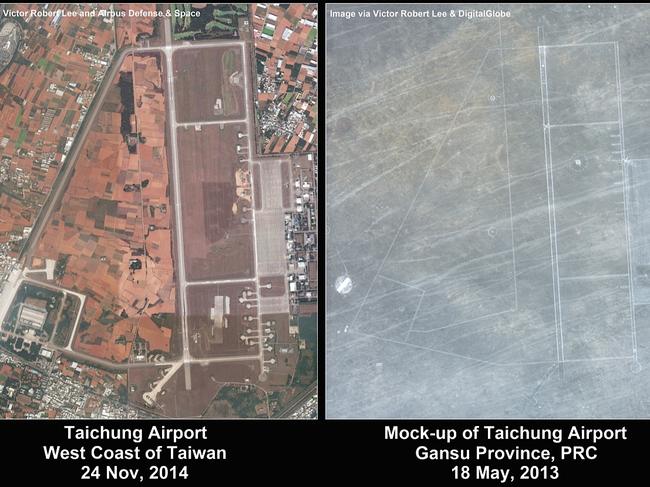 Satellite images show the construction of replicas of key Taiwanese buildings and infrastructure in a Chinese training camp. Picture: The Diplomat