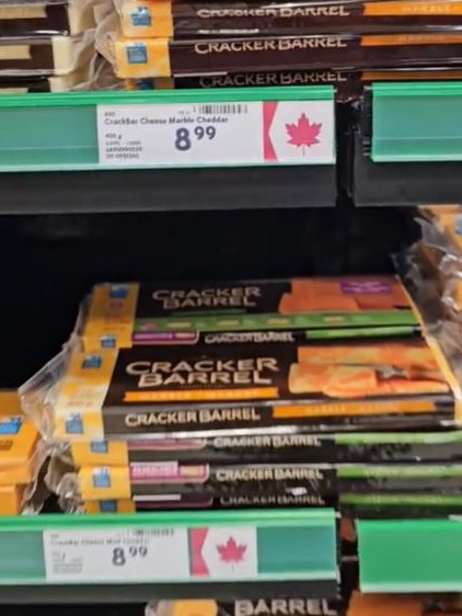 With many Canadians boycotting products from the US in the supermarket, retailers have introduced maple leaf symbols to make shopping easier. Picture: TikTok/@rainavarty