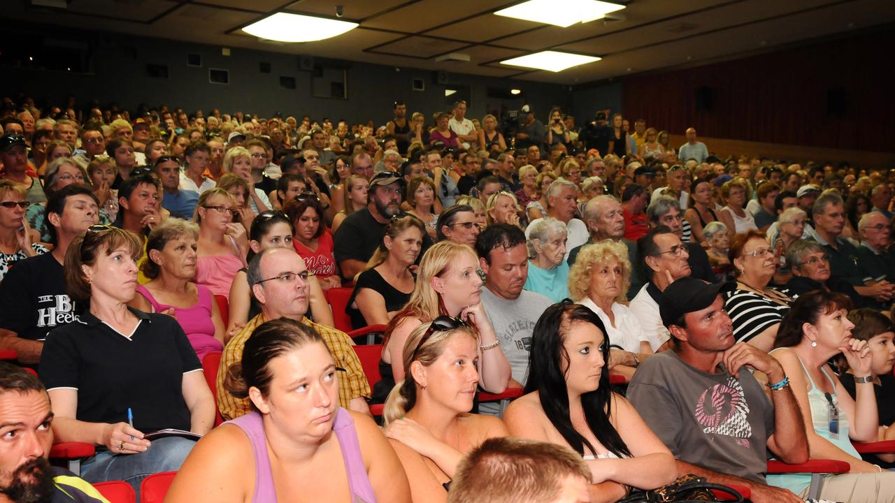 Residents attend a council meeting in North Bundaberg, Friday, Feb. 1, 2013. Residents of the flood-ravaged suburb of north Bundaberg will be allowed to return to their homes from Friday afternoon. (AAP Image/Sabrina Lauriston) NO ARCHIVING