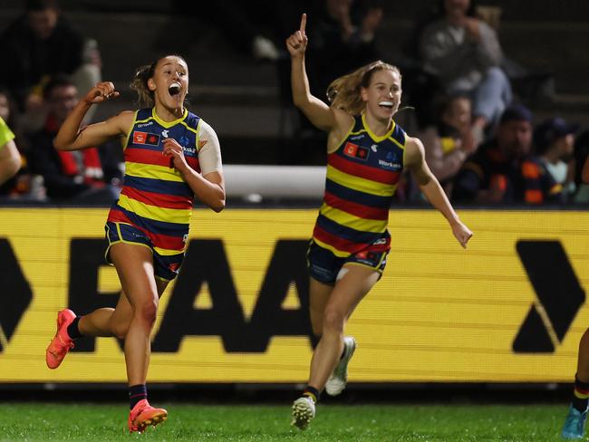 Hannah Munyard celebrates her goal of the year. Picture: James Elsby/AFL Photos