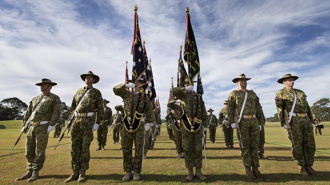 Australian Army soldiers from the Australian Defence Force contingent rehearse at Randwick Barracks. Picture: Defence