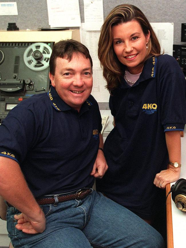 4KQ radio personalities Kim Mothershaw and Laurel Edwards in the 4KQ studio in November 1998. Picture: Supplied