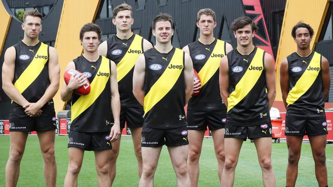 Richmond’s new draftees show off at Punt Rd: Noah Balta, Liam Baker, Callum Coleman-Jones, Jack Higgins, Ben Miller, Patrick Naish and Derek Eggmolesse-Smith. Picture: David Crosling