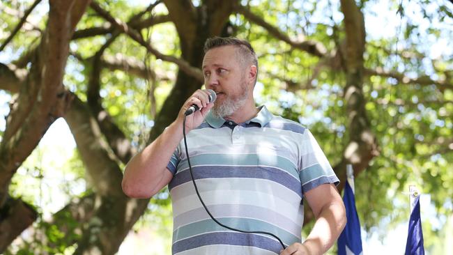 Division 9 councillor Brett Olds speaking at the Worldwide Rally for Freedom protest. Picture: Brendan Radke