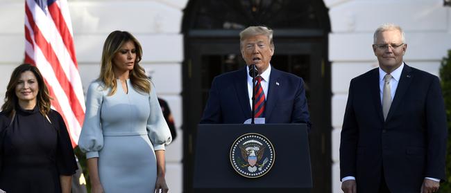 President Donald Trump speaks as he and first lady Melania Trump welcome Australian Prime Minister Scott Morrison and his wife Jenny Morrison. Picture: AP